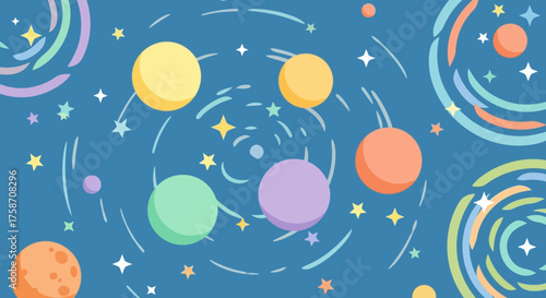 Colorful Planets and Stars in a Whimsical Space Illustration.