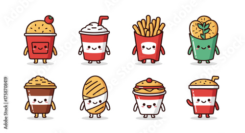 Adorable cartoon fast food characters bringing fun to your designs with fries, burgers, soda, and coffee mascots perfect for kids menus and playful branding