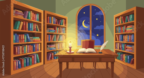 Cozy Study Room with Bookshelves and Desk at Night.