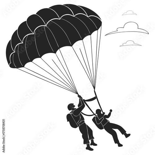 Skydiving Vector Silhouette – Extreme Parachute Jump Freefall Illustration