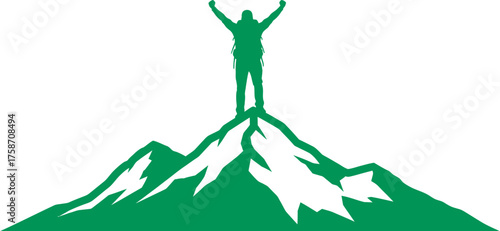 Green silhouette of a triumphant hiker celebrating victory on a majestic mountain peak
