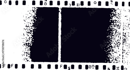 Vector illustration in retro grunge style of a film strip frame, with black and white colors. Features rectangular shapes and textured, grainy edges, evoking an analog photography theme.