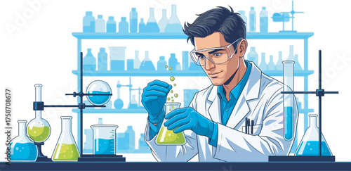 A focused male scientist conducting an experiment in a vibrant science laboratory.