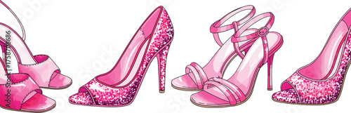 Pink high heels, glitter stilettos, strappy sandals, fashion footwear, peep-toe shoes, stylish design, feminine elegance, collection