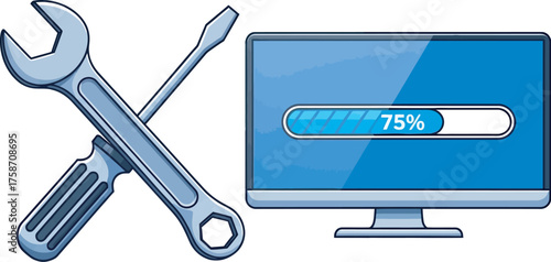Computer repair and maintenance tools with a progress bar on screen, indicating system update.