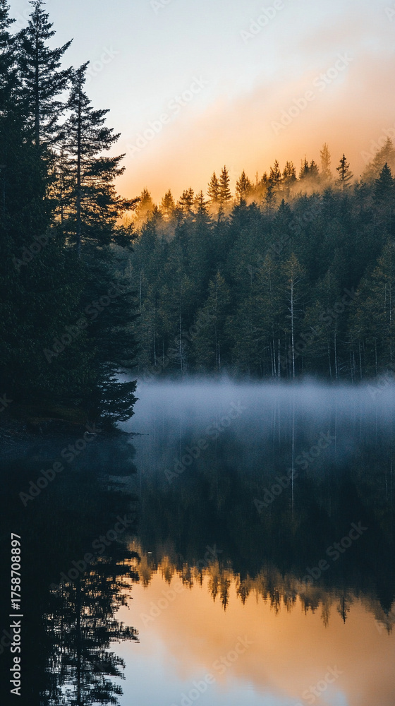 Fototapeta premium Hyperrealistic view of a serene lake at dawn, with mist gently rising, capturing tranquil morning light and atmospheric calm.