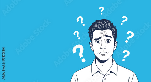 Confused man surrounded by question marks, representing uncertainty and difficult decisions on a blue background