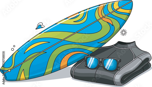 Colorful surfboard and wetsuit with sunglasses, essential gear for a summer surf trip.