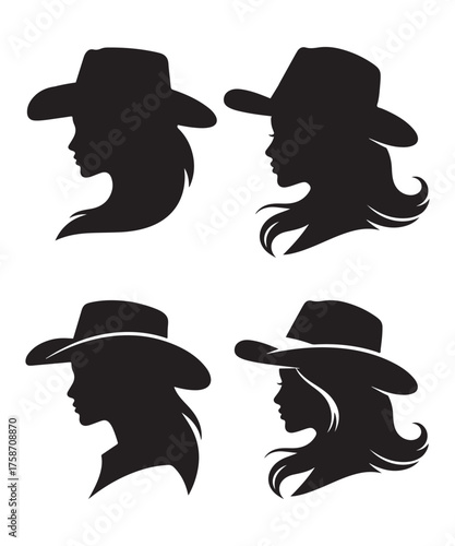 Stylish Cowgirl Silhouette Collection in Western Hat Vector Art.