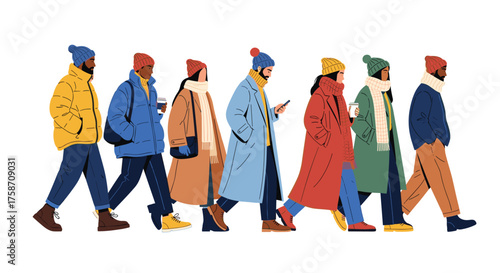 Diverse group of stylish people walking together in warm winter coats and hats against a white background, perfect for fashion blogs and lifestyle content