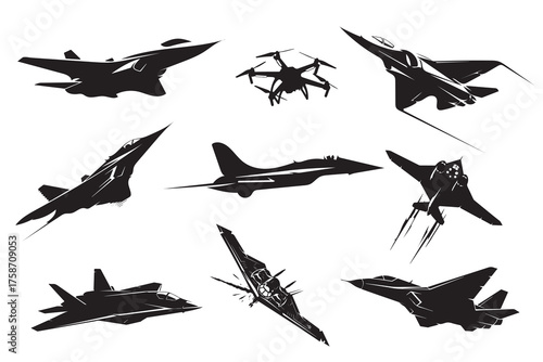 Modern military aircraft silhouette set. Vector collection of advanced fighter jets and an unmanned drone (UAV).