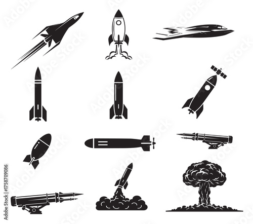 Aerospace and military technology icon set. Vector glyphs of rockets, spacecraft, missiles, and nuclear explosion.
