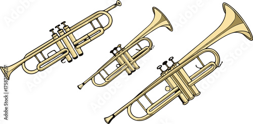 Highly detailed golden brass trumpets arranged in different angles, realistic reflections, metallic shine, professional studio lighting, white transparent background, ultra-realistic photography style
