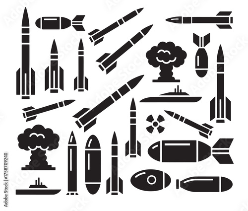 Strategic nuclear arsenal icon set. Vector glyphs of ballistic missiles (ICBM), submarines, bombs, and radioactive explosions.