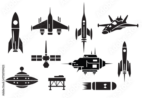 Science fiction icon set. Vector glyphs of spaceships, rockets, a UFO, a satellite, and other futuristic vehicles.
