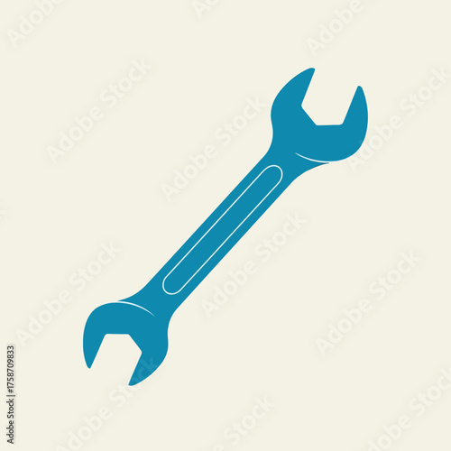 Vector illustration of blue wrench on a light background, tool for repair and maintenance