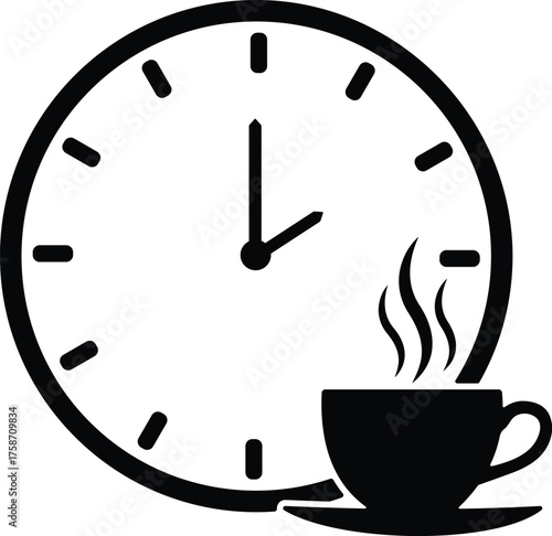 A simple black silhouette of a clock face with a steaming cup of coffee on a saucer