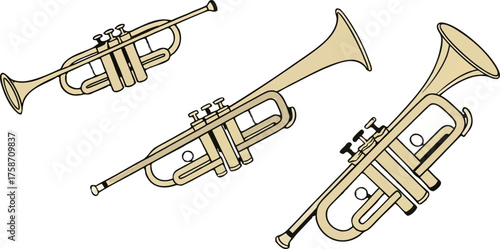 Highly detailed golden brass trumpets arranged in different angles, realistic reflections, metallic shine, professional studio lighting, white transparent background, ultra-realistic photography style