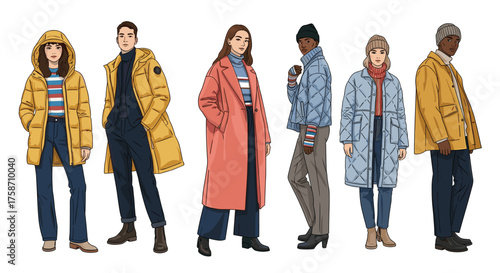 Stylish diverse group showcasing winter fashion, vibrant outerwear collection for modern urban lifestyle, perfect for seasonal trends and marketing campaigns