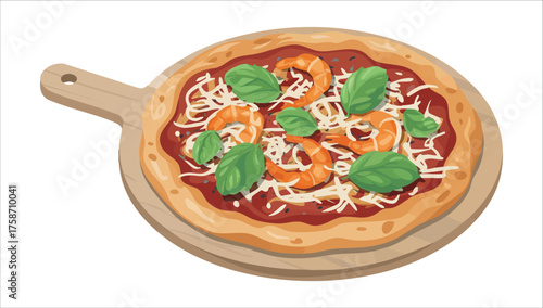 Italian style pizza with marine ingredients cartoon vector art isolated white