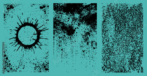 Dirt and Stains Splatter Overlay with spray paint, mottled and dripping textures set on a teal background