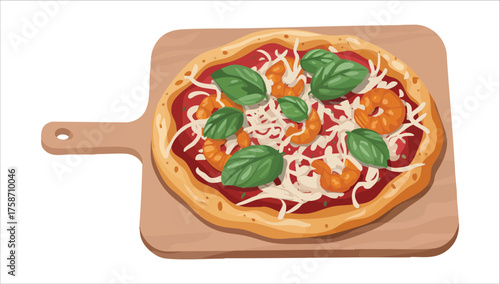 Italian style pizza with marine ingredients cartoon vector art isolated white