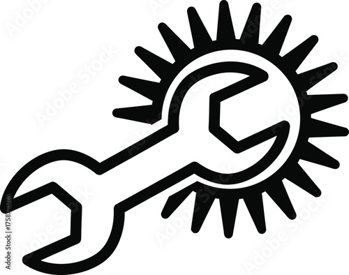 Wrench tool icon with radiant sun symbol for repair and service industry