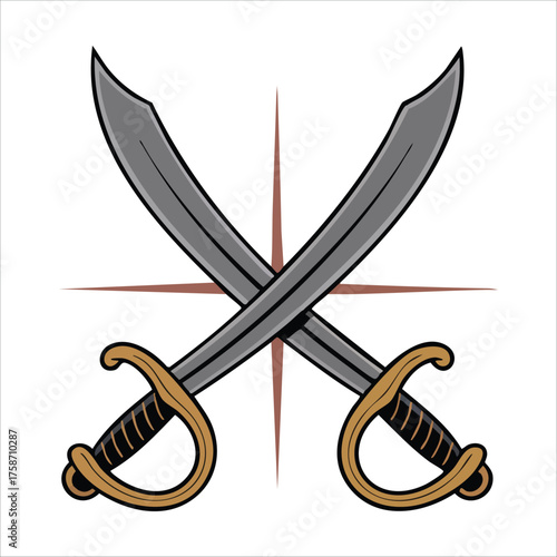 crossed pirate sabers in flat cartoon style vector art isolated white