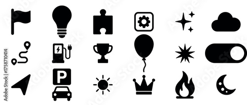 Set of black silhouette icons: navigation, electricity, trophy, balloon, weather, toggle