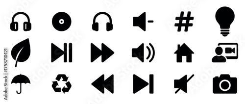 Set of various black icons including multimedia, communication, and nature symbols
