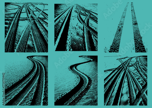 Six graphic illustration of tire tracks on snowy or dirty ground with tracks varying paths, including straight lines, curves and multiple intersecting trails