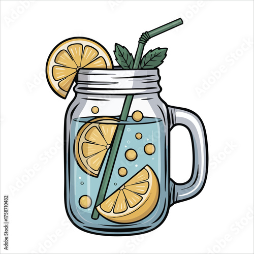 cold summer drink with lemon slices and mint leaf vector art isolated white