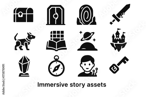 Book story magic icon treasure data immersive alien narrator vector floating icons