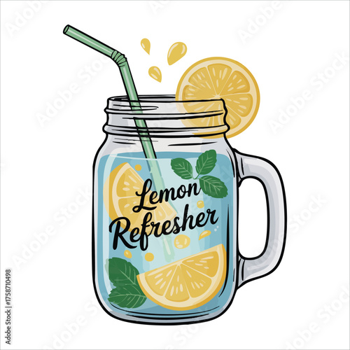 cold summer drink with lemon slices and mint leaf vector art isolated white