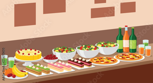 Buffet spread with vibrant salads, pizzas, cakes, and refreshments for a delightful dining experience at catering events and festive celebrations