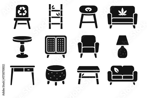 Coffee eco table icons vector ottoman icon sustainable rattan chair furniture bamboo