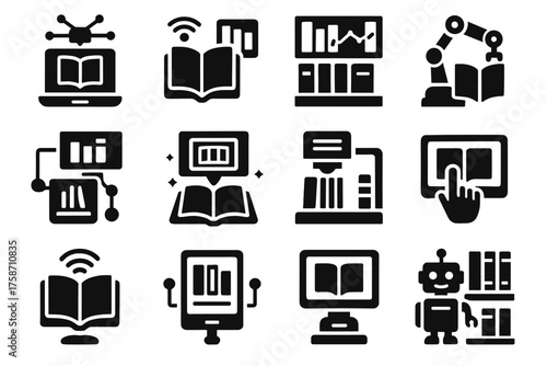 Library reading automated vector device archive book icon virtual digital panel