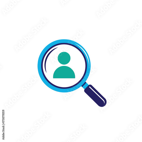 Vector illustration of magnifying glass over a person icon, symbolizing search and recruitment