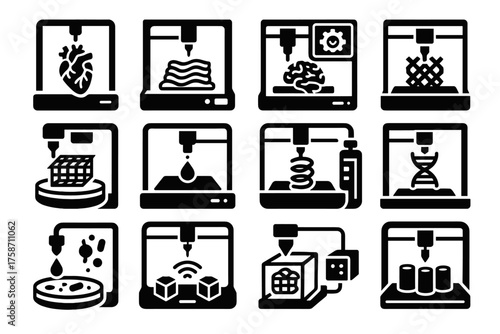 Protein biopolymer printer icon scaffold tissue vector bio bioprinter futuristic holographic automated