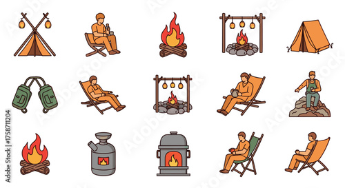 Outdoor adventure with icons featuring cozy camping scenes, tents, and campfires for a truly immersive experience you will love