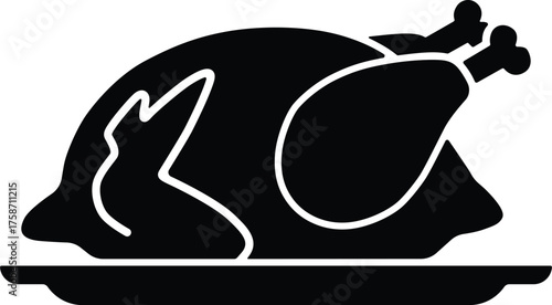 A simple black silhouette of a whole roasted chicken presented on a platter
