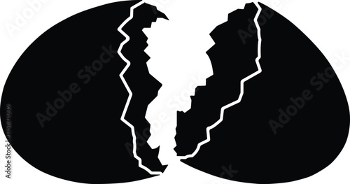 A stark black silhouette of a cracked egg with jagged edges on a white background