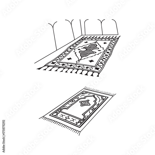 Hand-Drawn Islamic Prayer Rugs Line Art