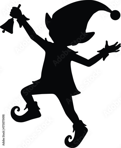 Joyful christmas elf dancing with a bell silhouette on white background