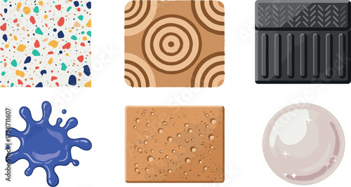 Collection of six diverse textured patterns and objects isolated on transparent background