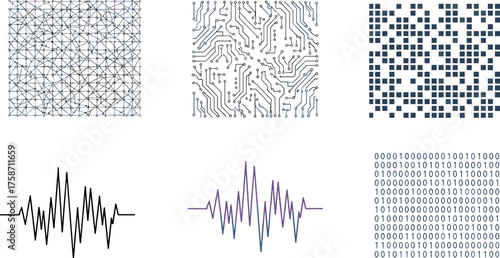 Collection of abstract digital patterns and sound waves isolated on transparent background