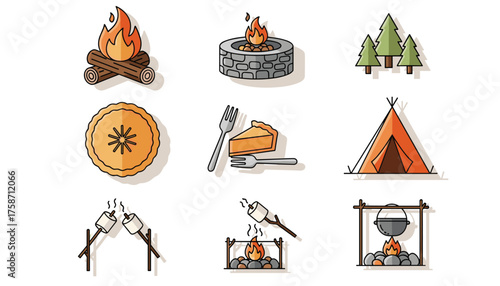 Outdoor adventure with cozy campfires, tasty pies, marshmallow roasting, and tent camping under the stars for fun memories