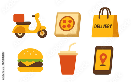 Food delivery icons set featuring scooter, pizza box, and more in flat design