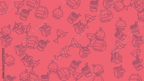 Pattern of drinks and sweets on a pink background, great for social media posts, menu designs, party invitations, and packaging.