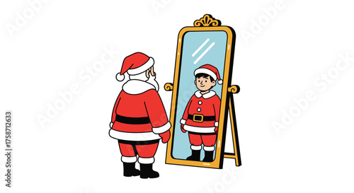 Santa looking in mirror sees the child he used to be, a heartwarming holiday scene about Christmas spirit and the magic of childhood memories